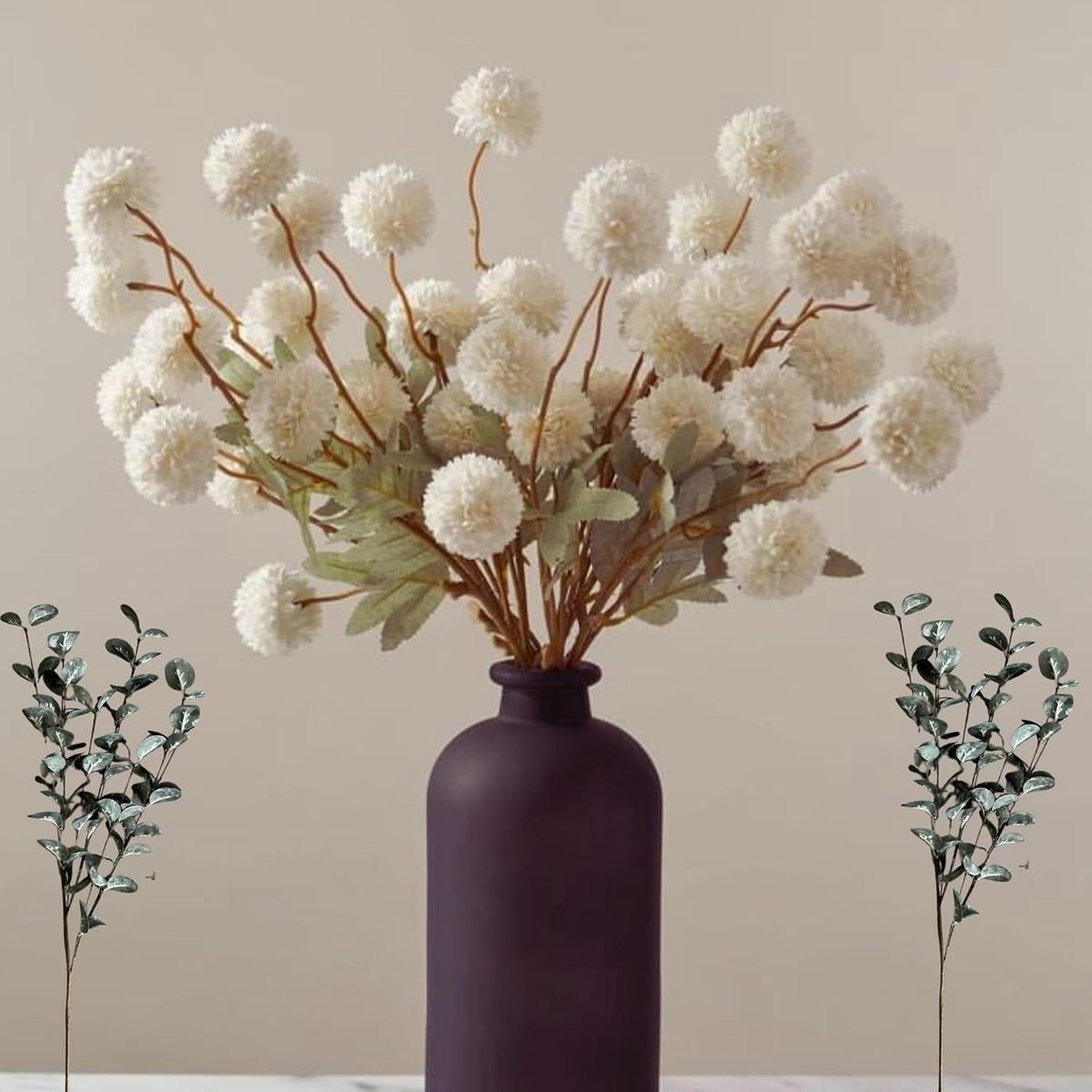 White Faux Flowers for Vase - Kiku 10 Stems & Eucalyptus, Fake Flowers Stems for Pottery Vase, Realistic Artificial Flowers, Pom Pom Balls for Aesthetic Farmhouse Barn Room Decor