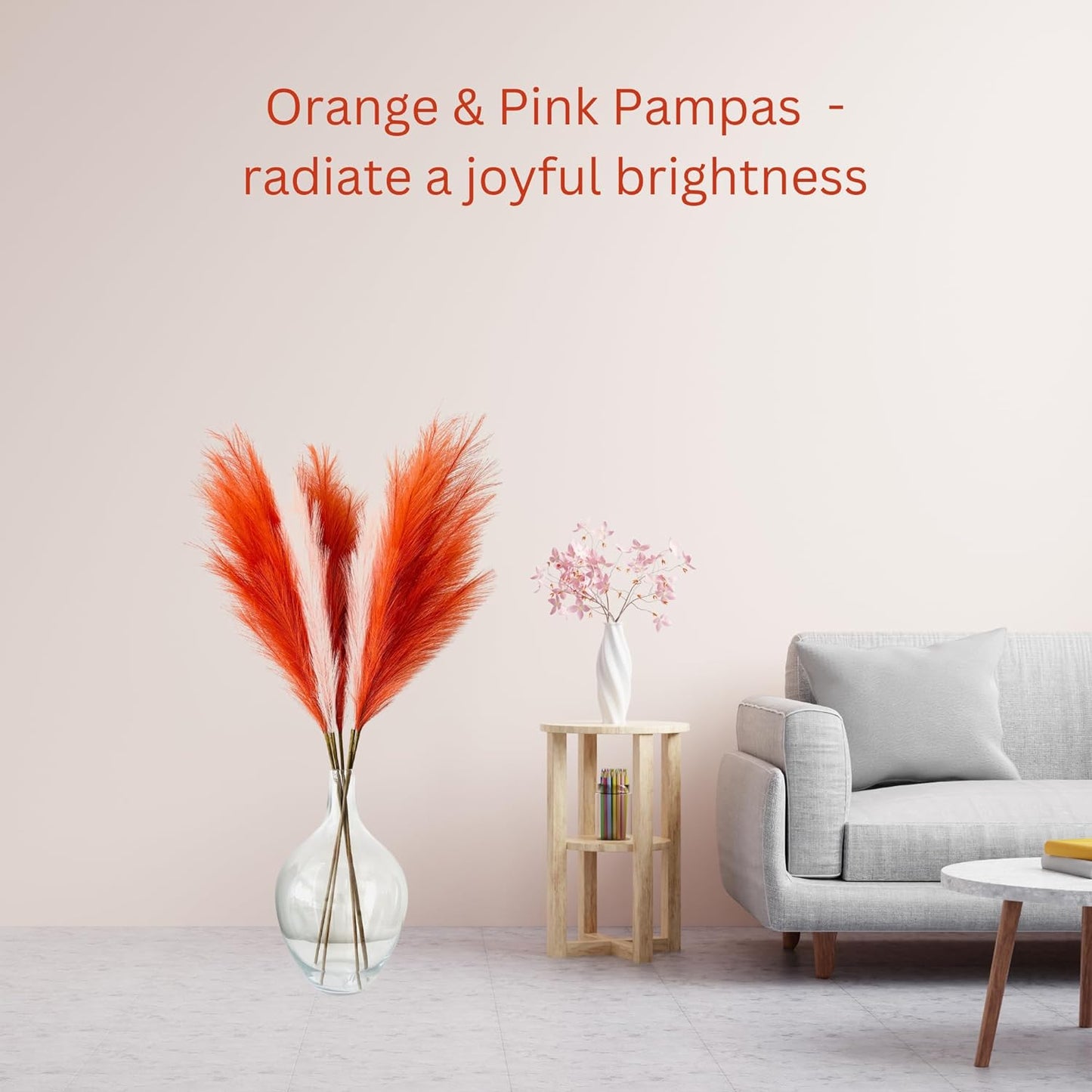 Faux Orange Pampas Grass For Large Floor Vase and Ornaments, 3 stems Decorative Artificial Flora Autumnal Decorations Accessories, Autumn Stems Wedding Decorations, Burnt Orange Decor, Long Feathers