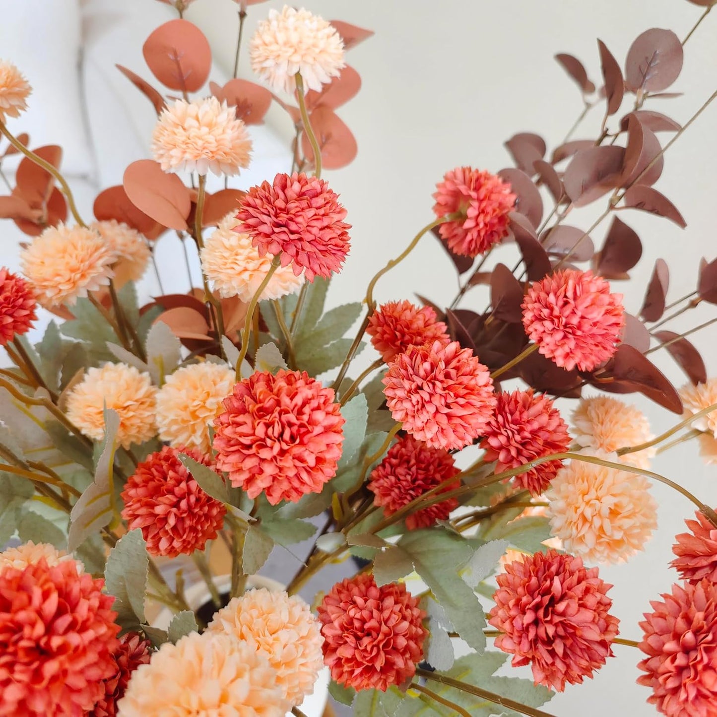 RyddeligHome Burnt Orange Faux Kiku Flower 10 Stems + 18 Brown Eucalyptus Stems, Assorted Artificial Silk Mums Fall Flowers Autumn, Mini Fake Chrysanthemum Flowers, Faux Stems Artificial