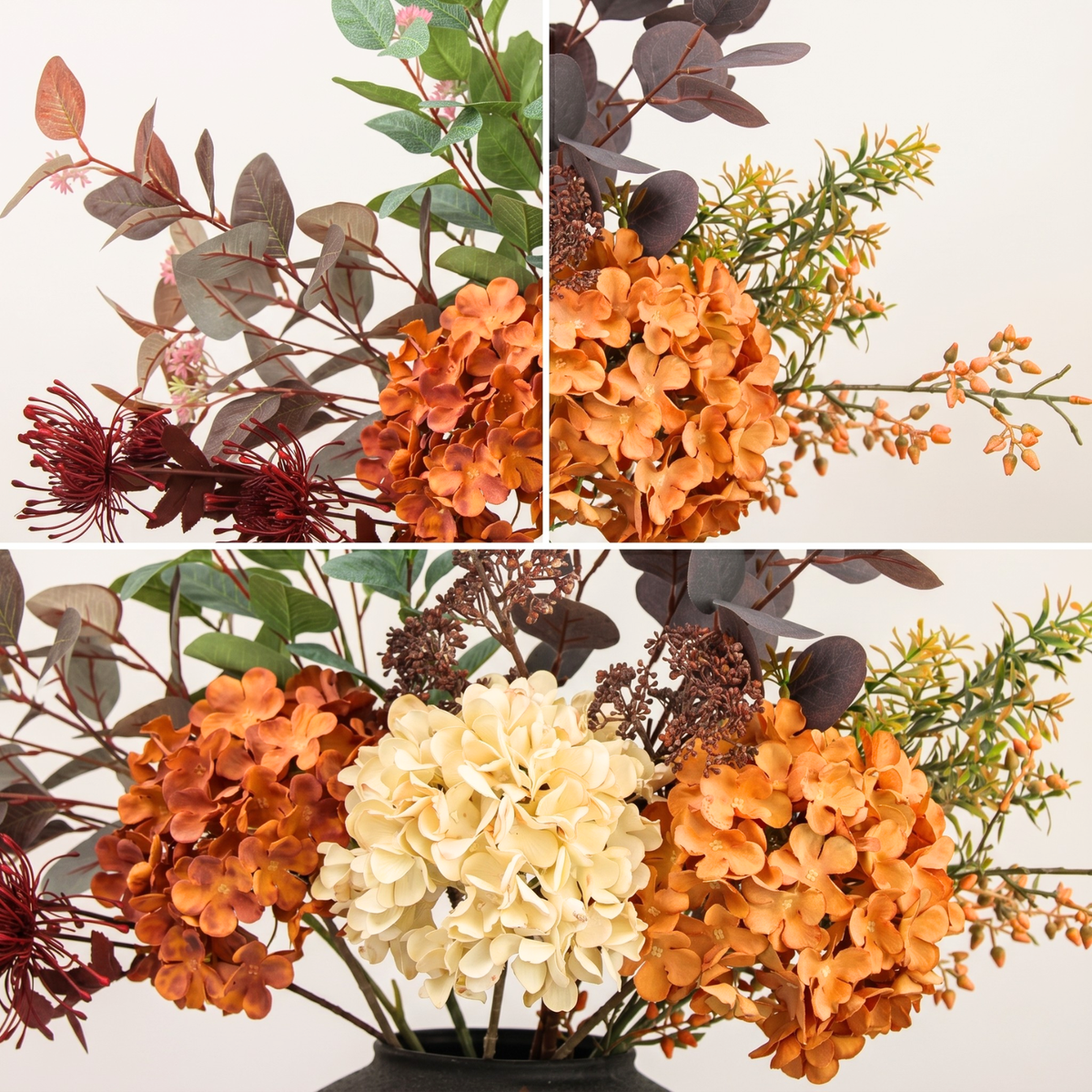 Faux Arrangement - Burnt Orange Hydrangea & Eucalyptus Stems, Fall Centerpieces for Tables