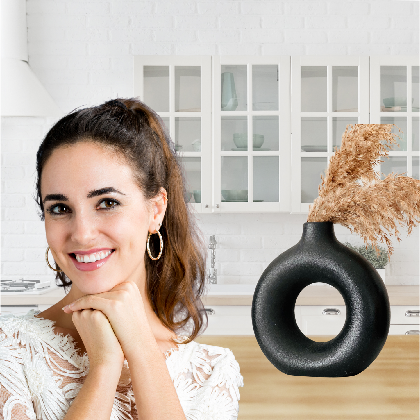 Black Vase for Pampas Grass, Black Vases Home Decor, Black Ceramic Vase, Black Round Vase, Black Room Decor, Clay Vase Black, Black Donut Vase Modern Decor, 7.5" Tall
