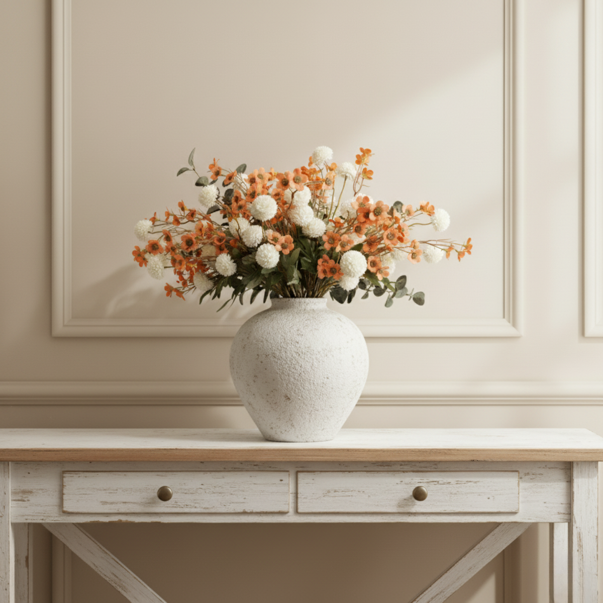 White Rustic Large Round Vase for Table Centerpieces 11 inches, Arina Vase, Earthy Stone Look, Textured, Modern Homes Farmhouse Centerpiece Decor