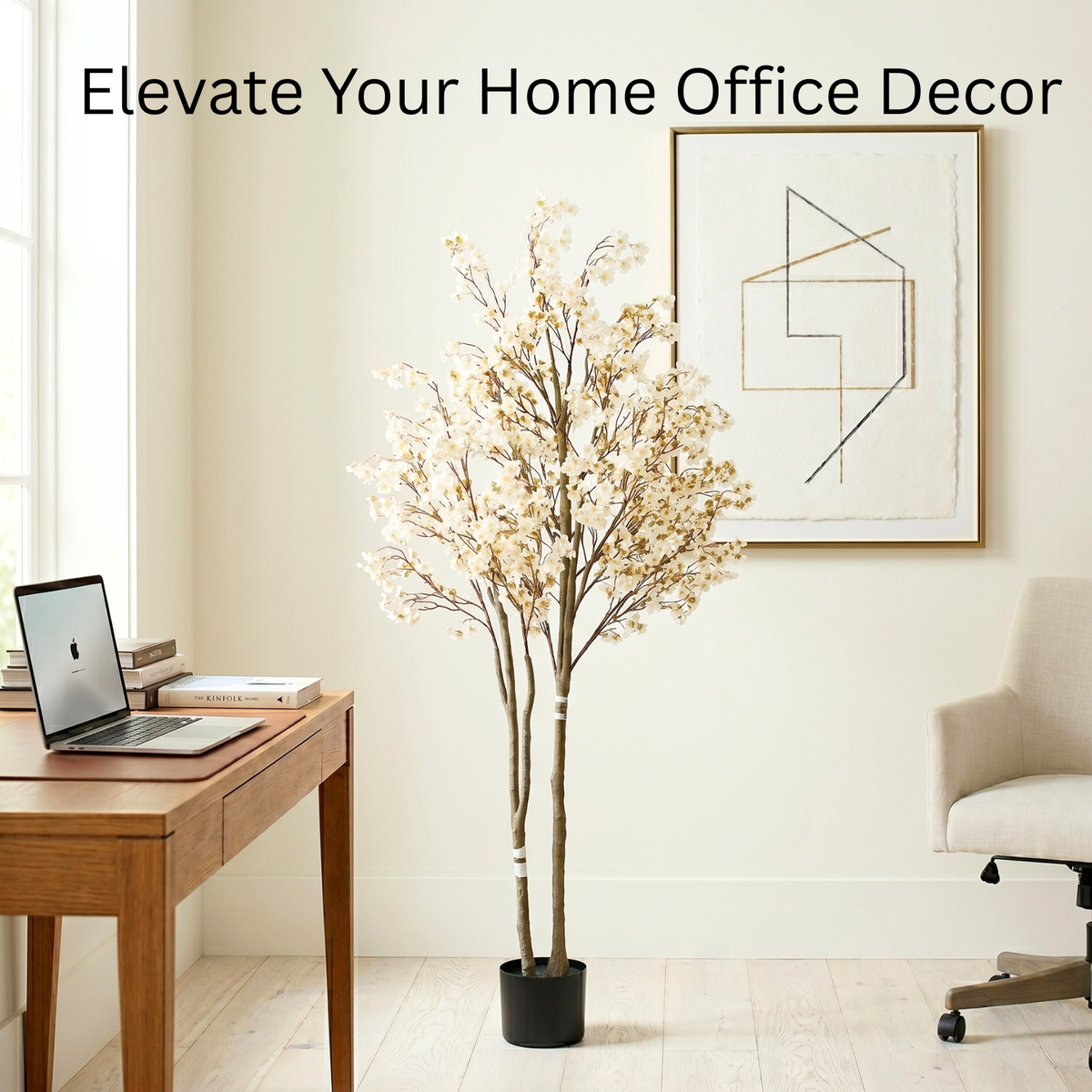 Artificial Cherry Blossom Tree with Lights 6ft Tall, Living Room Decor White Faux Cherry Blossom Tree Indoor with LED String Lights, Japanese Sakura Tree For Office Home Decorations