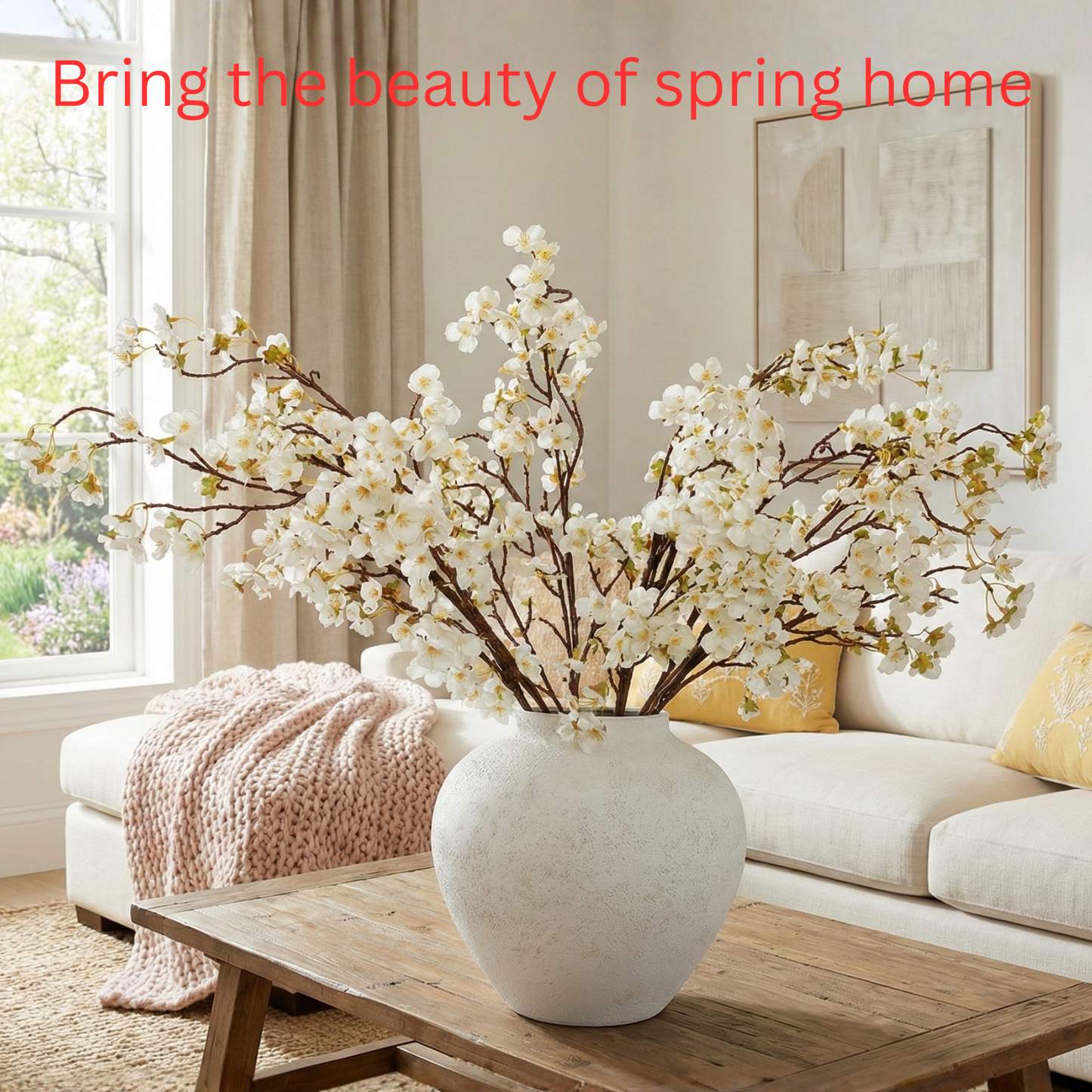 White Cherry Blossom Branches – 6 Pcs 33.5" Long Stem Artificial Flowers for Tall Vase, Premium Faux Silk Spring Decor, Realistic Fake Cherry Blossoms for Home, Wedding & Table Centerpieces