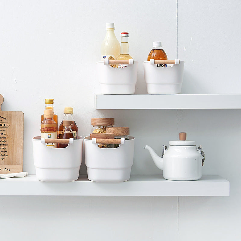 Bathroom storage baskets box organiser container bin with wooden handle - pack of 1