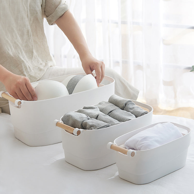 Bathroom storage baskets box organiser container bin with wooden handle - pack of 1