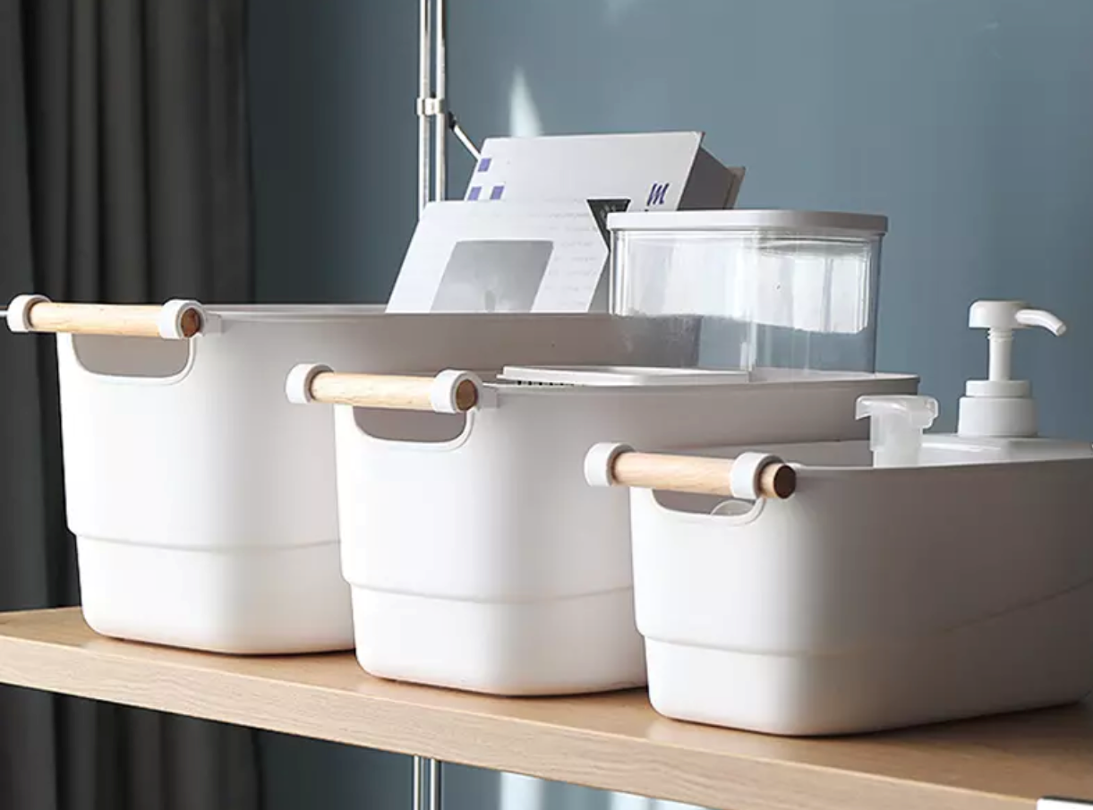 Bathroom storage baskets box organiser container bin with wooden handle - pack of 1