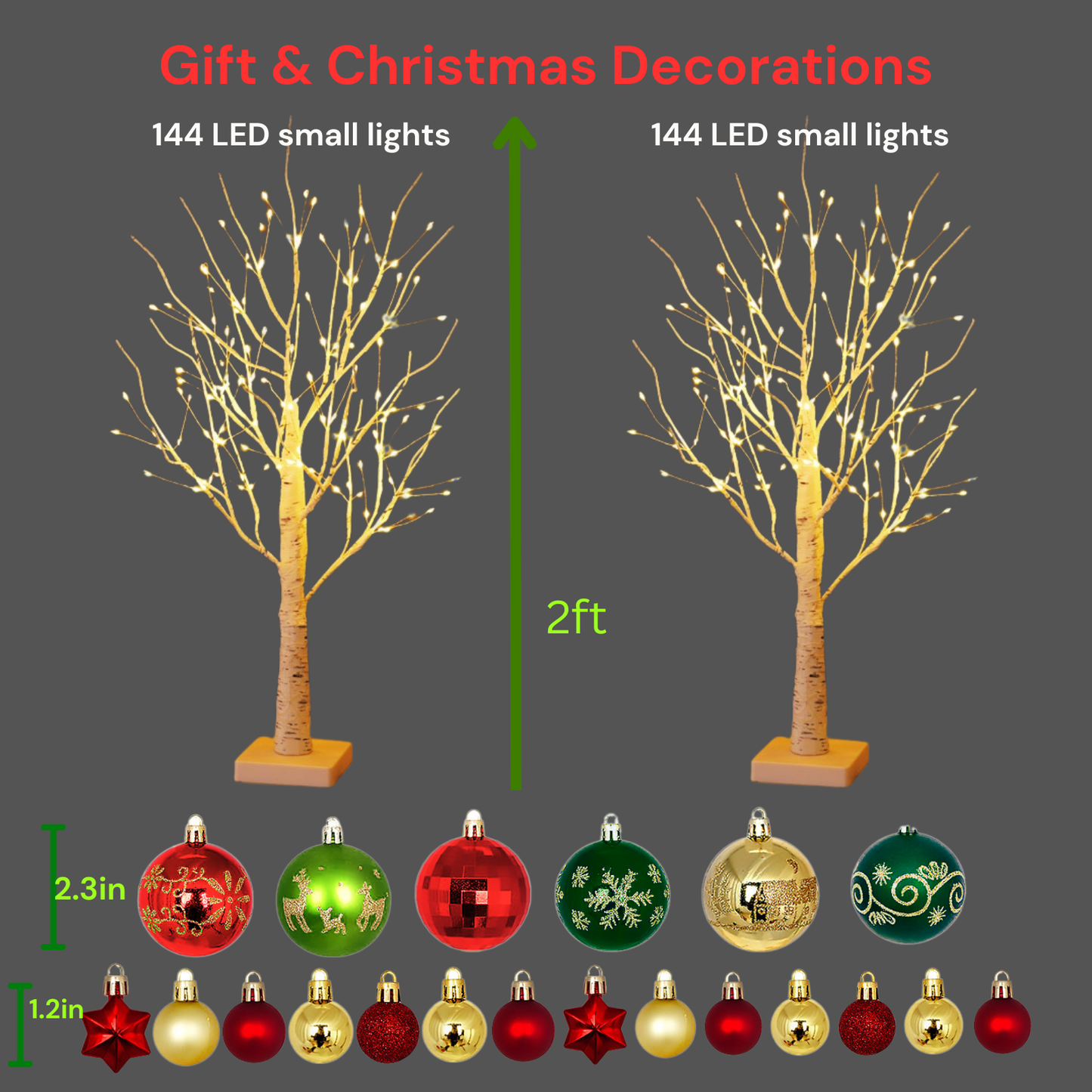 Set of 2 Small Pre Lit Christmas Tree 2ft - Christmas Table Decorations, Mantlepiece, Window Sill Lighting Decor - LED White Twig Tree with Bauble Ornaments