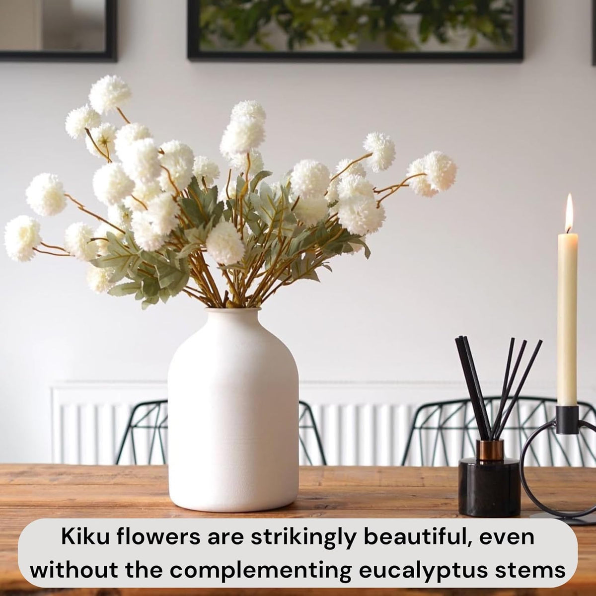 White Faux Flowers for Vase - Kiku 10 Stems & Eucalyptus, Fake Flowers Stems for Pottery Vase, Realistic Artificial Flowers, Pom Pom Balls for Aesthetic Farmhouse Barn Room Decor