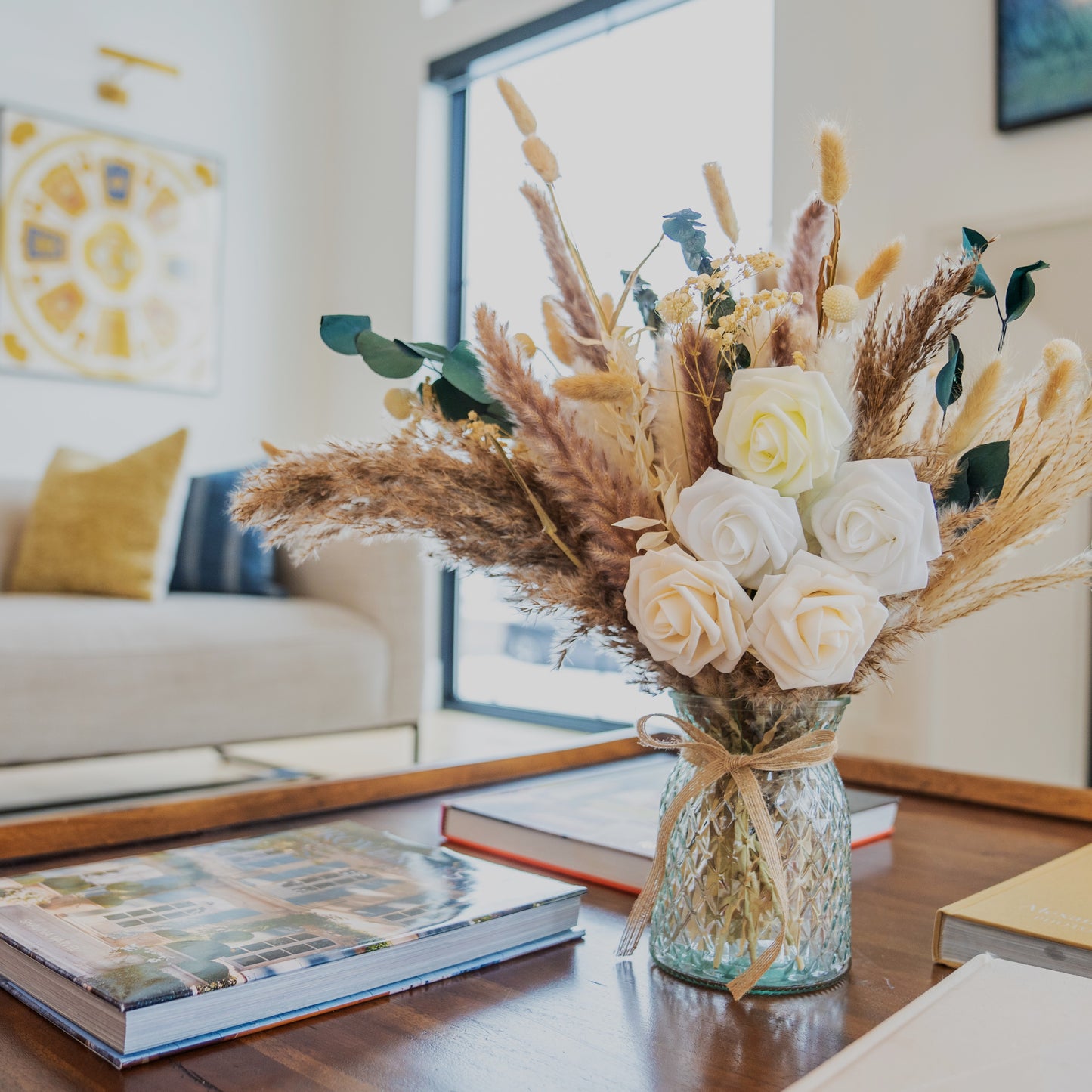 Artificial Flowers In Vase For Dining Table Centrepiece, Pampas Grass With Vase Included For Living Room Bedroom Decor