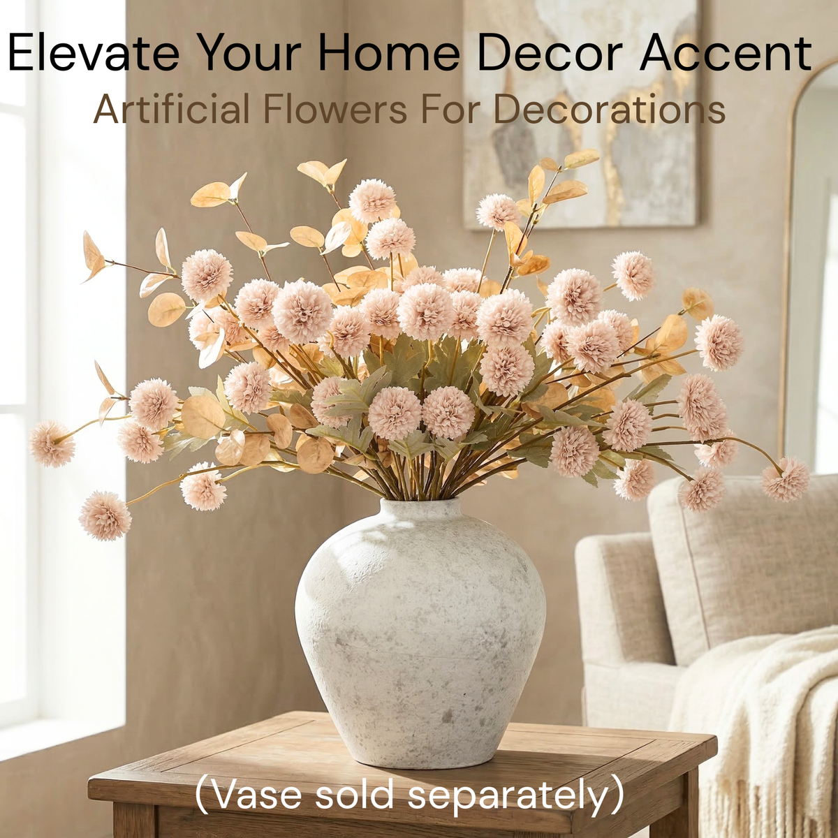 Beige Flowers Artificial + Eucalyptus Stems Silk Mums Stem Flowers Tan Flowers For Decorations Nude Cream Neutral Pom Pom Faux Kiku Flower bulk silk flowers Mini Chrysanthemum Floral Arrangements