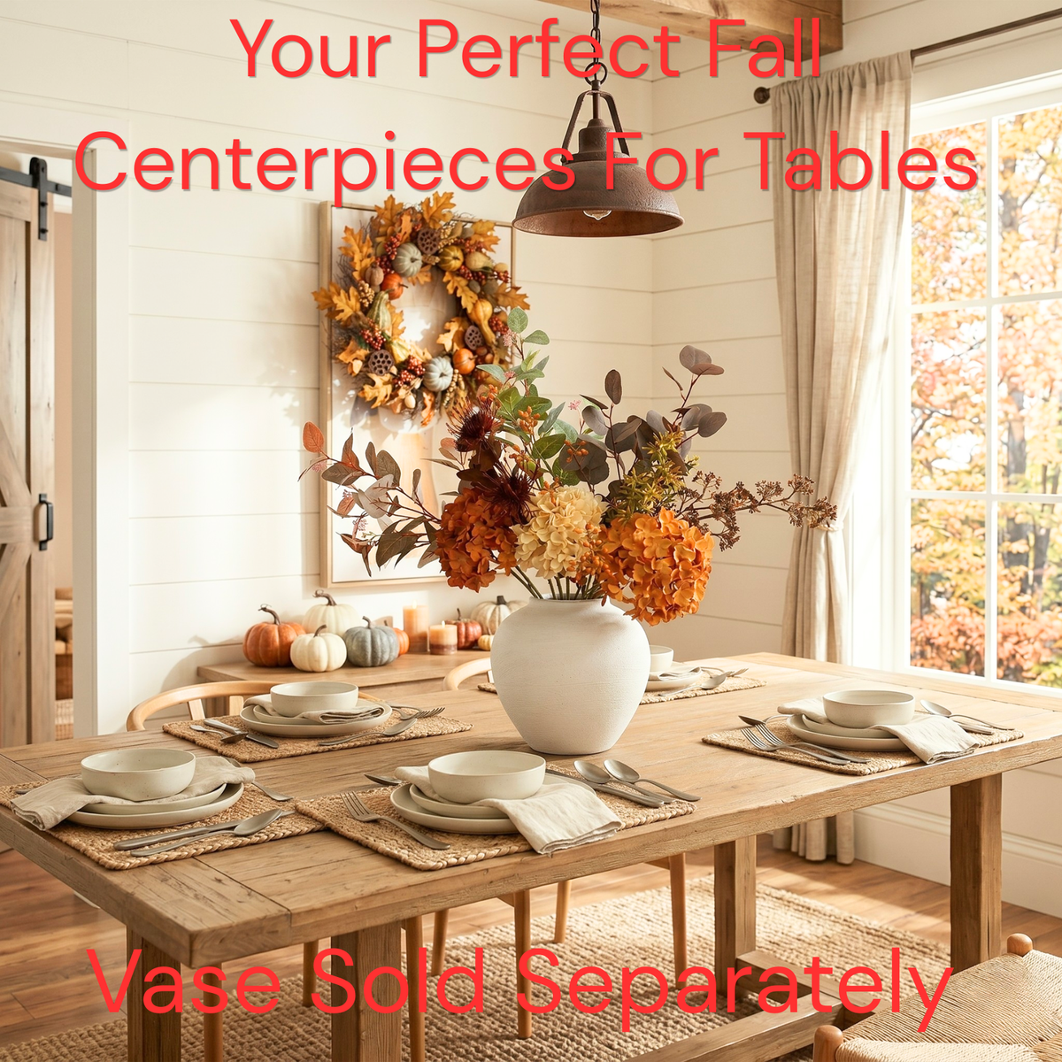 Faux Arrangement - Burnt Orange Hydrangea & Eucalyptus Stems, Fall Centerpieces for Tables