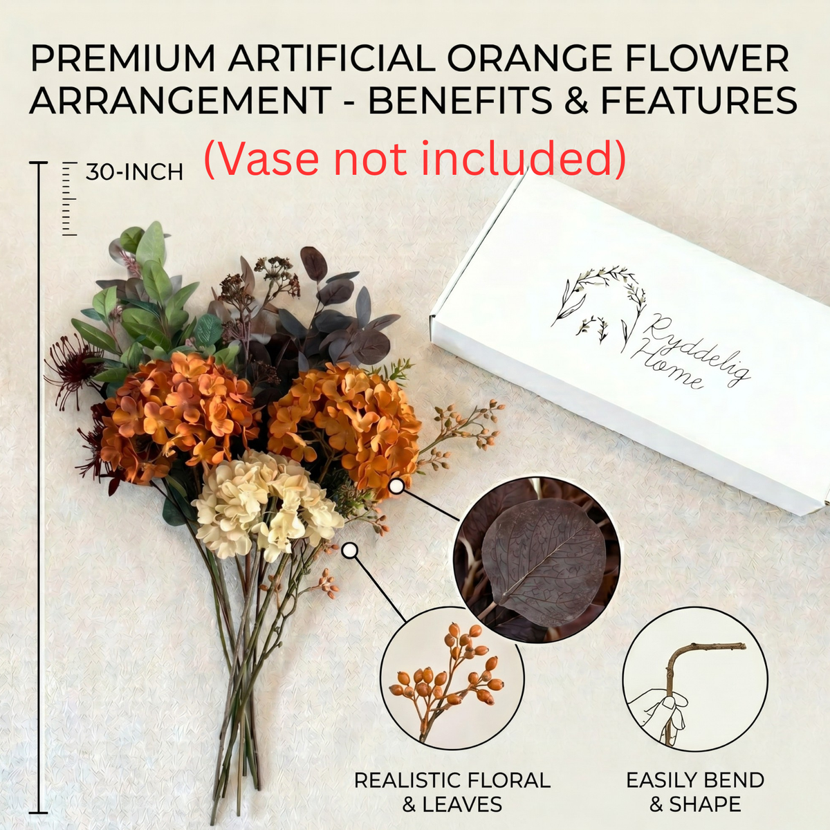 Faux Arrangement - Burnt Orange Hydrangea & Eucalyptus Stems, Fall Centerpieces for Tables