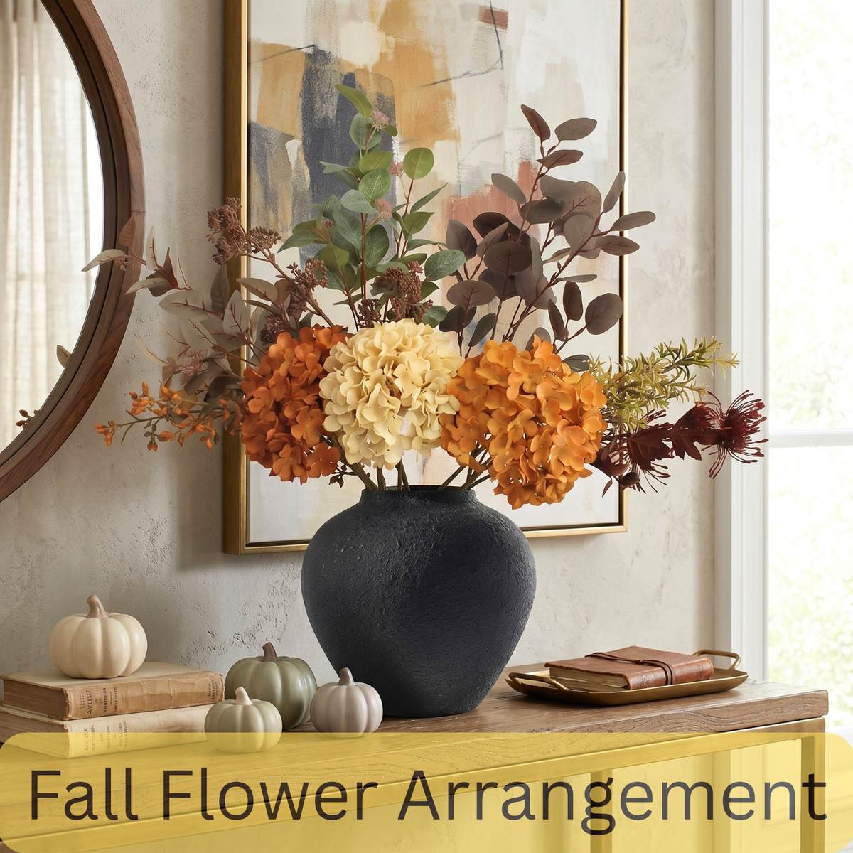 Faux Arrangement - Burnt Orange Hydrangea & Eucalyptus Stems, Fall Centerpieces for Tables