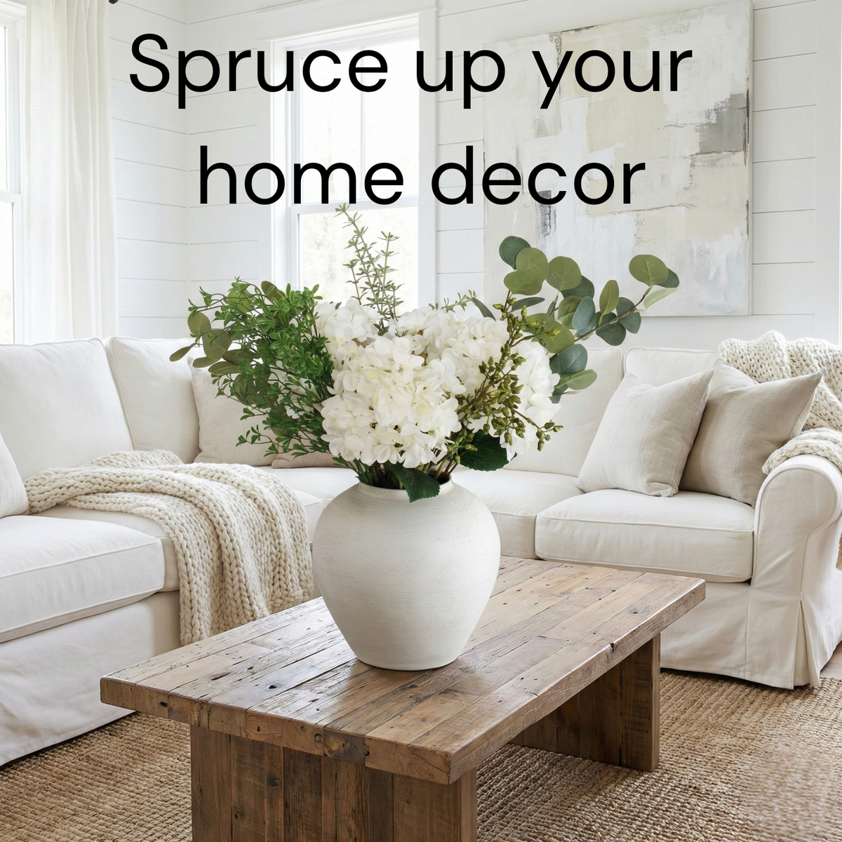 Faux Arrangement - Eucalyptus & White Hydrangea Flowers, Large Artificial Floral Greenery Centerpieces for Tables, Modern Farmhouse Decor for Dining Room, Kitchen & Coffee Table, 30 inches Tall