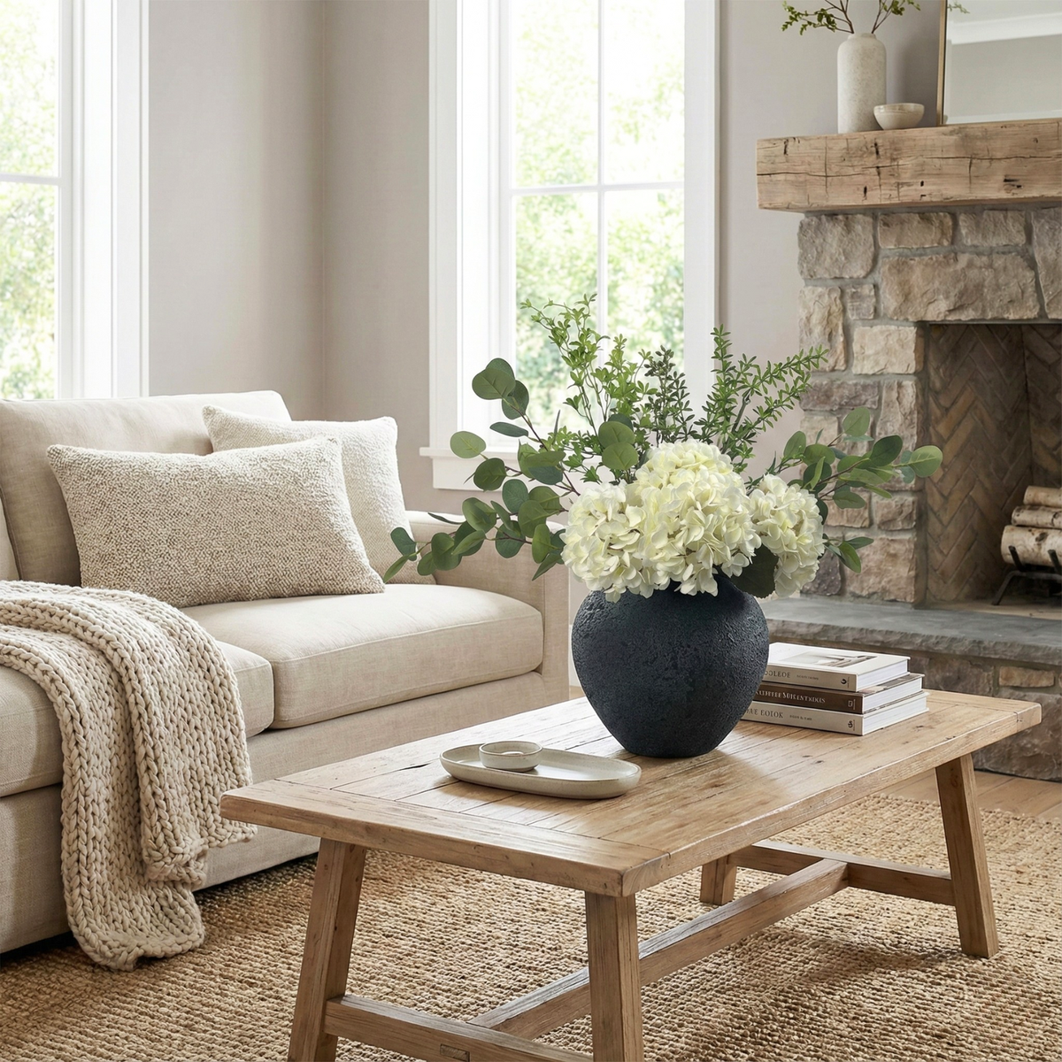 Faux Arrangement - Eucalyptus & White Hydrangea Flowers, Large Artificial Floral Greenery Centerpieces for Tables, Modern Farmhouse Decor for Dining Room, Kitchen & Coffee Table, 30 inches Tall