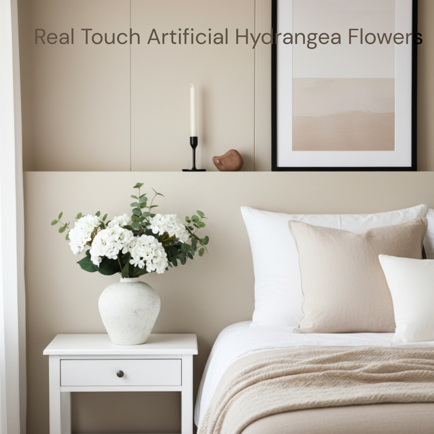 Real Touch White Faux Hydrangea Flowers 5 Heads With Greenery