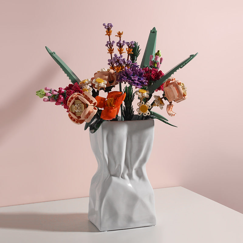 Paper Bag Vase Ceramic, Vase For Lego Flower Bouquet, Vase For Botanical Lego Sets 10280, Minimalist Decor, Crinkle Bag Vase, White Flower Vase, Dinner Table Centrepiece, Ornament Living Room Decor