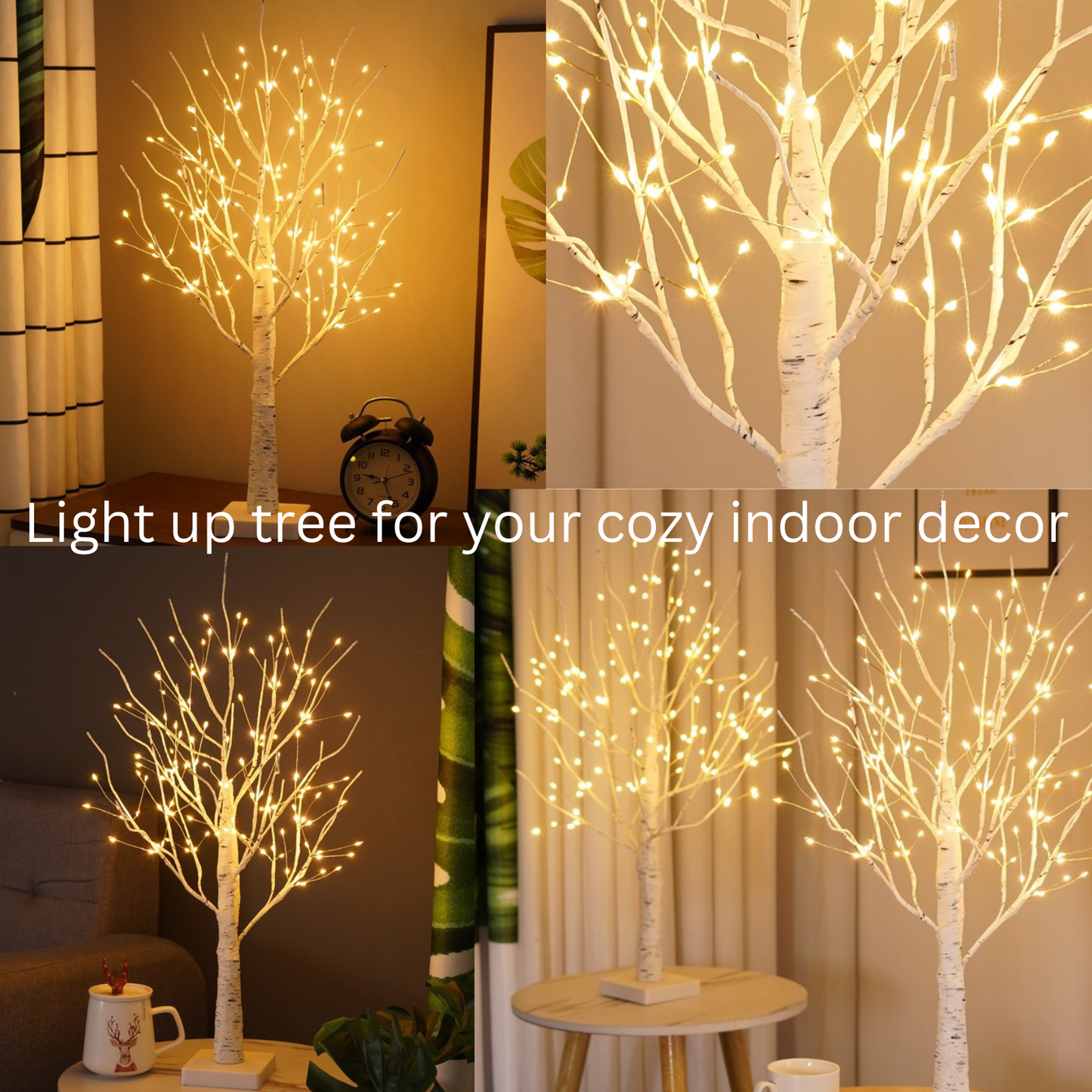 Set of 2 Small Pre Lit Christmas Tree 2ft - Christmas Table Decorations, Mantlepiece, Window Sill Lighting Decor - LED White Twig Tree with Bauble Ornaments