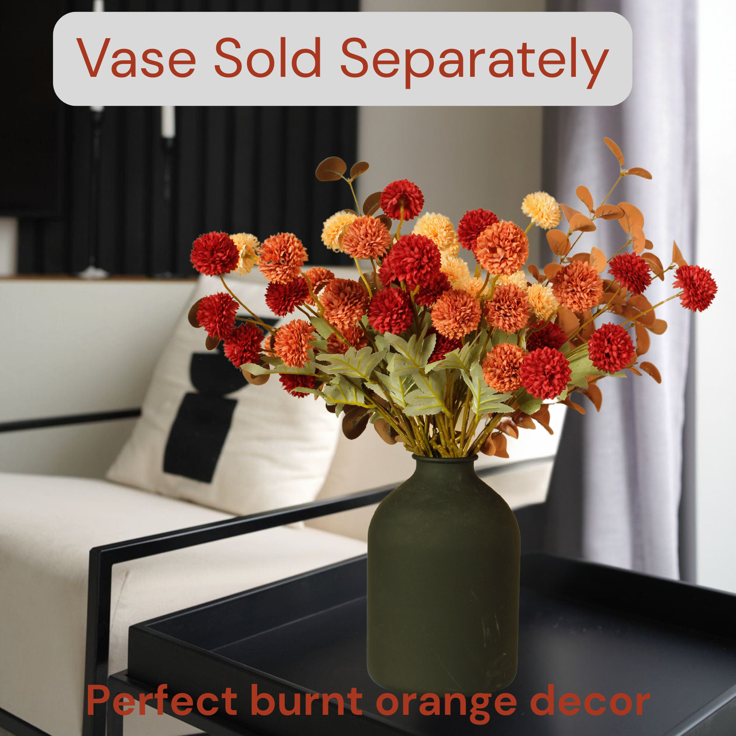 RyddeligHome Burnt Orange Faux Kiku Flower 10 Stems + 18 Brown Eucalyptus Stems, Assorted Artificial Silk Mums Fall Flowers Autumn, Mini Fake Chrysanthemum Flowers, Faux Stems Artificial