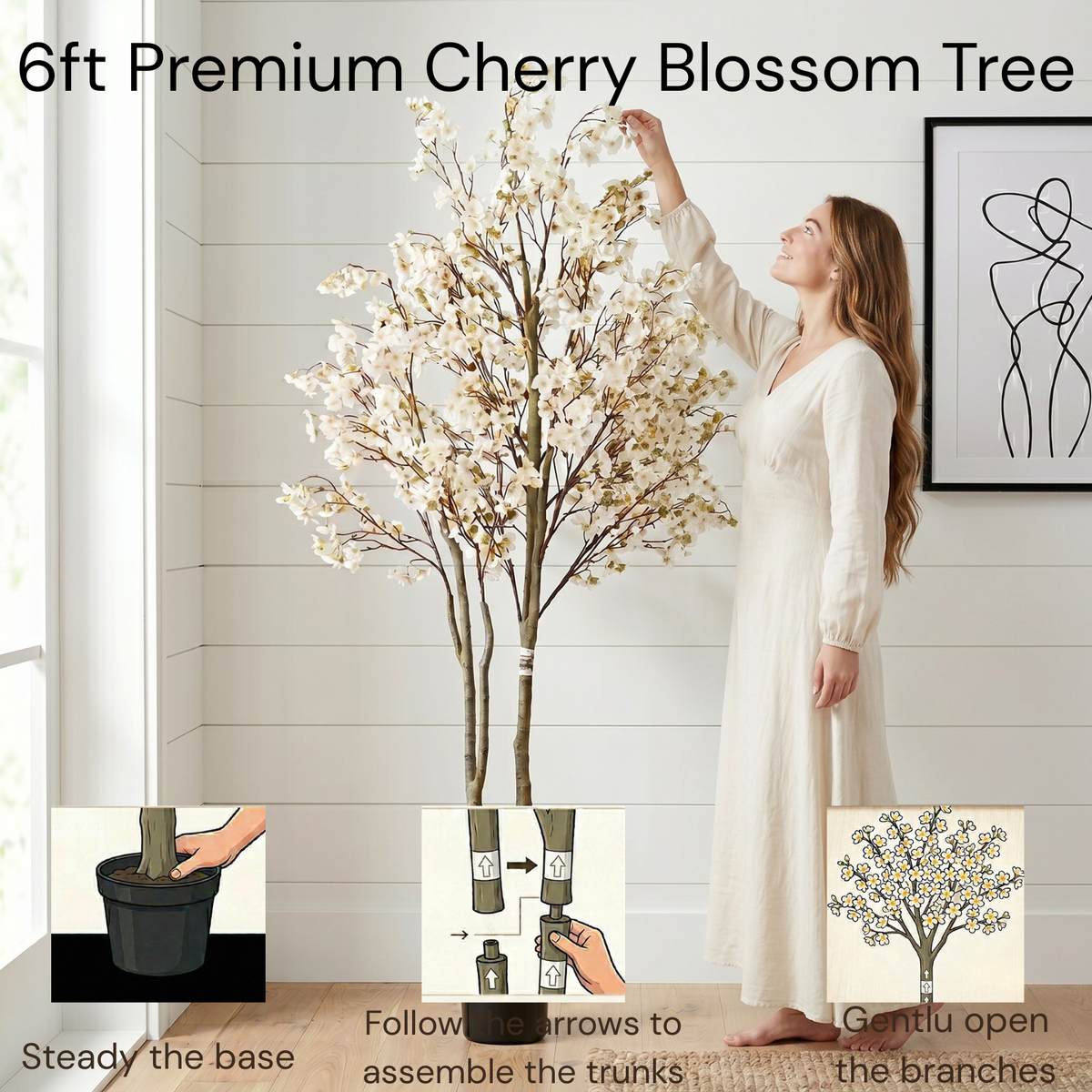 Artificial Cherry Blossom Tree with Lights 6ft Tall, Living Room Decor White Faux Cherry Blossom Tree Indoor with LED String Lights, Japanese Sakura Tree For Office Home Decorations