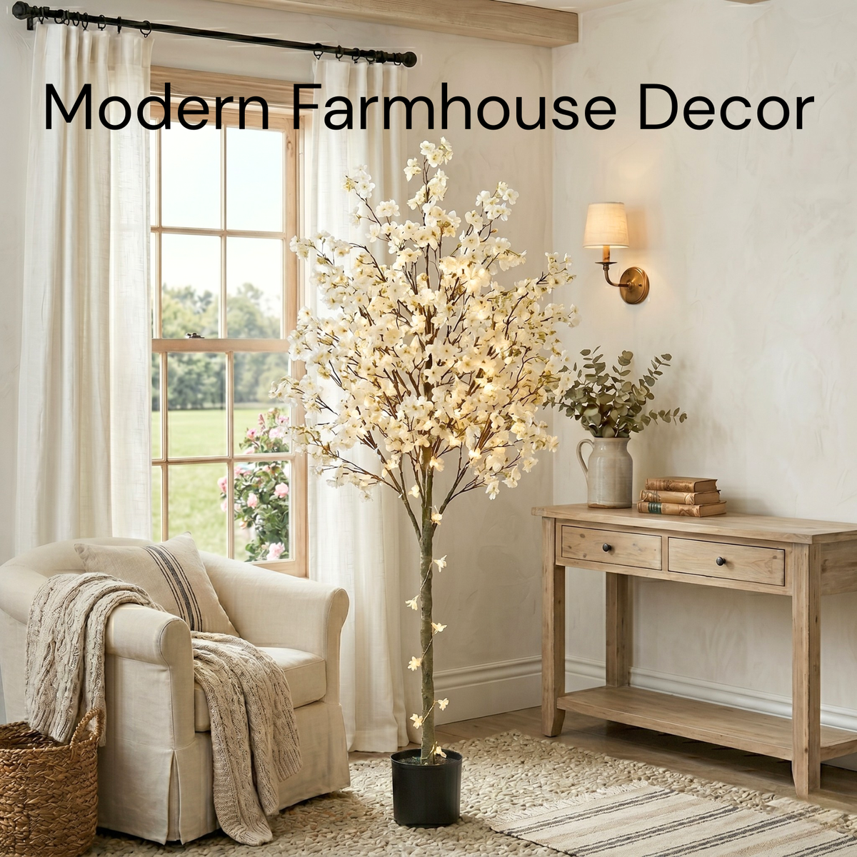 Artificial Cherry Blossom Tree with Lights 6ft Tall, Living Room Decor White Faux Cherry Blossom Tree Indoor with LED String Lights, Japanese Sakura Tree For Office Home Decorations