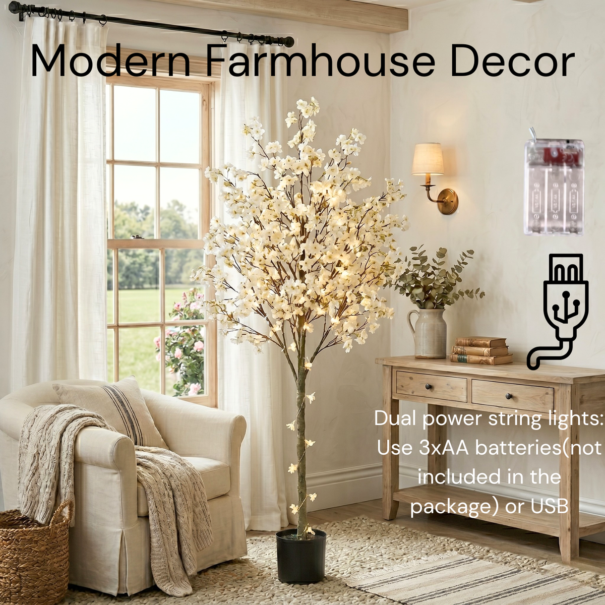 Artificial Cherry Blossom Tree with Lights 6ft Tall, Living Room Decor White Faux Cherry Blossom Tree Indoor with LED String Lights, Japanese Sakura Tree For Office Home Decorations