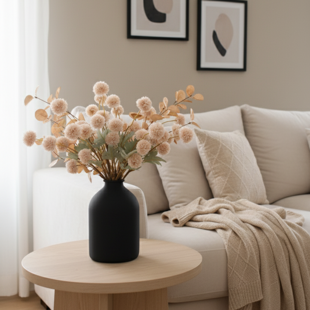 Beige Flowers Artificial + Eucalyptus Stems Silk Mums Stem Flowers Tan Flowers For Decorations Nude Cream Neutral Pom Pom Faux Kiku Flower bulk silk flowers Mini Chrysanthemum Floral Arrangements