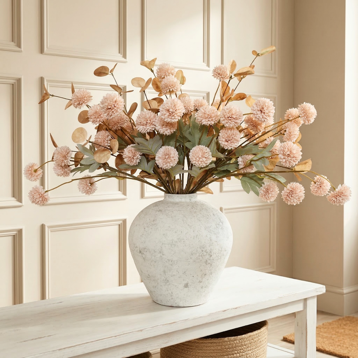 Beige Flowers Artificial + Eucalyptus Stems Silk Mums Stem Flowers Tan Flowers For Decorations Nude Cream Neutral Pom Pom Faux Kiku Flower bulk silk flowers Mini Chrysanthemum Floral Arrangements