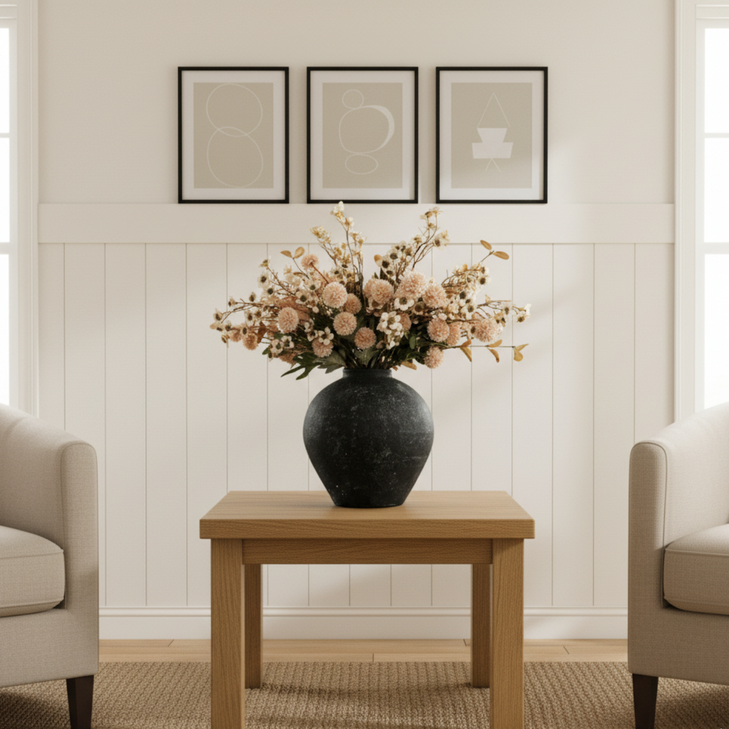 Bulk Silk Flower Arrangements For Home Decor, Fake Mums, Long Stem Artificial Flowers, Real Touch Flowers, Floral Centerpieces For Tables, Kiku + Eucalyptus + Wild Flowers Artificial, Beige Room Decor