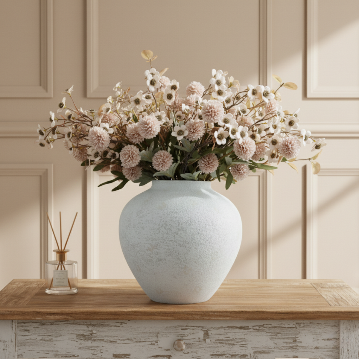 White Rustic Large Round Vase for Table Centerpieces 11 inches, Arina Vase, Earthy Stone Look, Textured, Modern Homes Farmhouse Centerpiece Decor