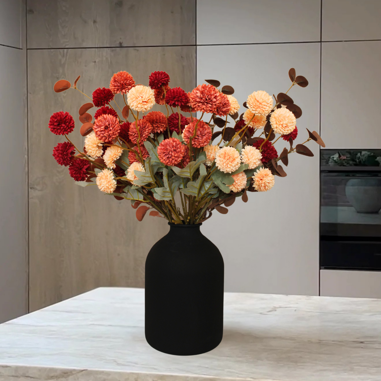 RyddeligHome Burnt Orange Faux Kiku Flower 10 Stems + 18 Brown Eucalyptus Stems, Assorted Artificial Silk Mums Fall Flowers Autumn, Mini Fake Chrysanthemum Flowers, Faux Stems Artificial