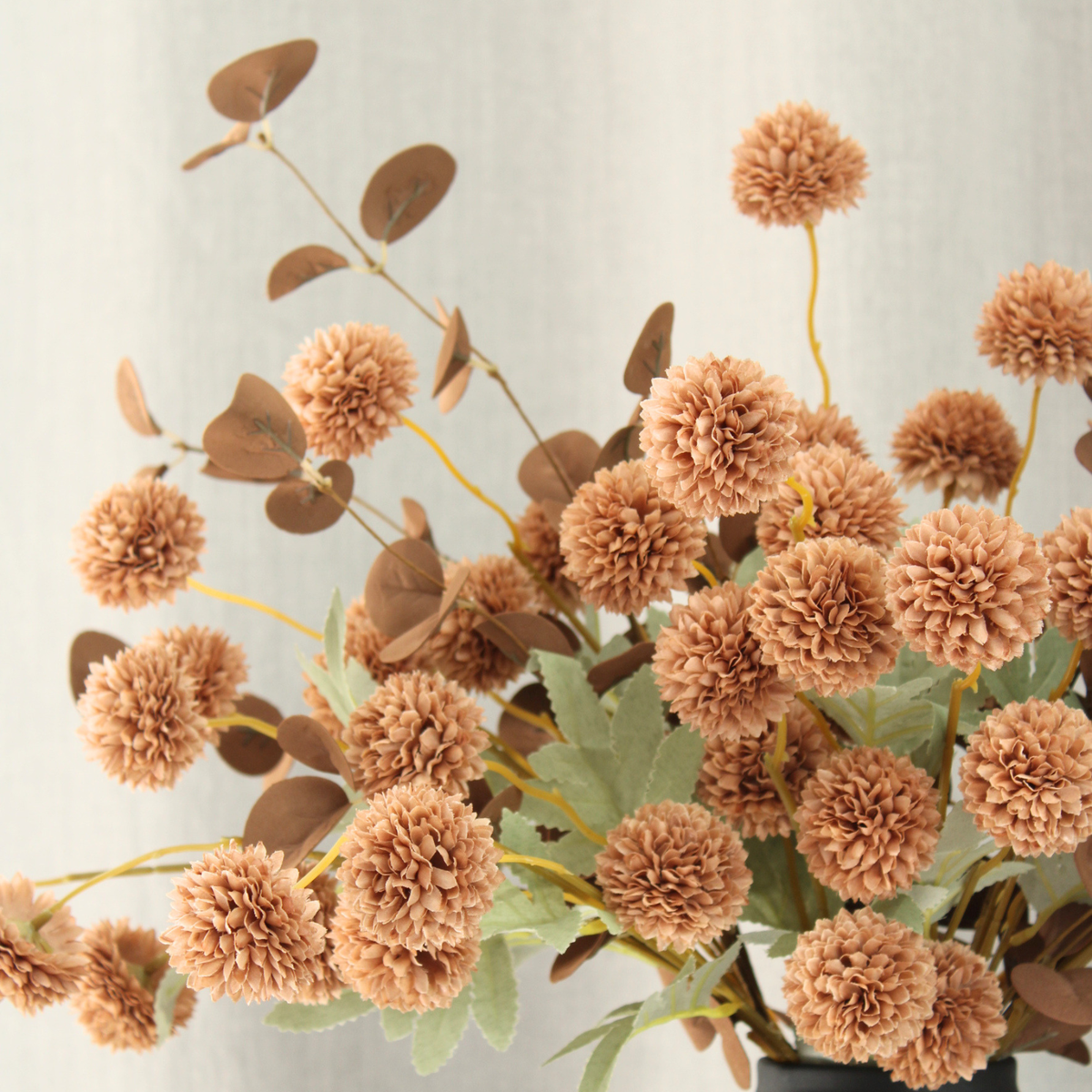 Brown Mums Artificial Flowers, 10 Faux Mum Stems with 2 Eucalyptus Branches, Realistic Fall & Winter Floral Arrangement for Vases, Brown Centerpieces for Tables