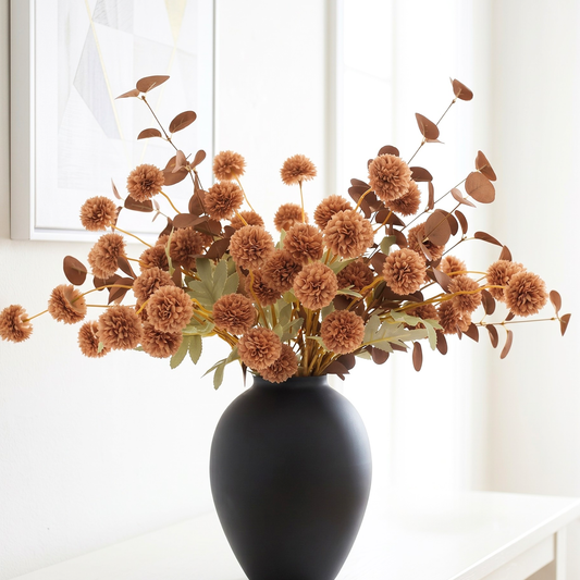 Brown Mums Artificial Flowers, 10 Faux Mum Stems with 2 Eucalyptus Branches, Realistic Fall & Winter Floral Arrangement for Vases, Brown Centerpieces for Tables