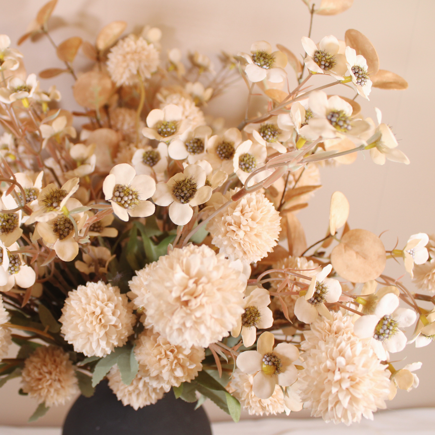Bulk Silk Flower Arrangements For Home Decor, Fake Mums, Long Stem Artificial Flowers, Real Touch Flowers, Floral Centerpieces For Tables, Kiku + Eucalyptus + Wild Flowers Artificial, Beige Room Decor