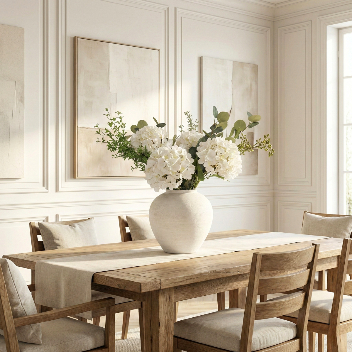 Faux Arrangement - Eucalyptus & White Hydrangea Flowers, Large Artificial Floral Greenery Centerpieces for Tables, Modern Farmhouse Decor for Dining Room, Kitchen & Coffee Table, 30 inches Tall
