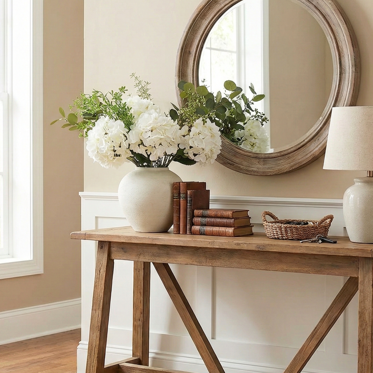 Faux Arrangement - Eucalyptus & White Hydrangea Flowers, Large Artificial Floral Greenery Centerpieces for Tables, Modern Farmhouse Decor for Dining Room, Kitchen & Coffee Table, 30 inches Tall