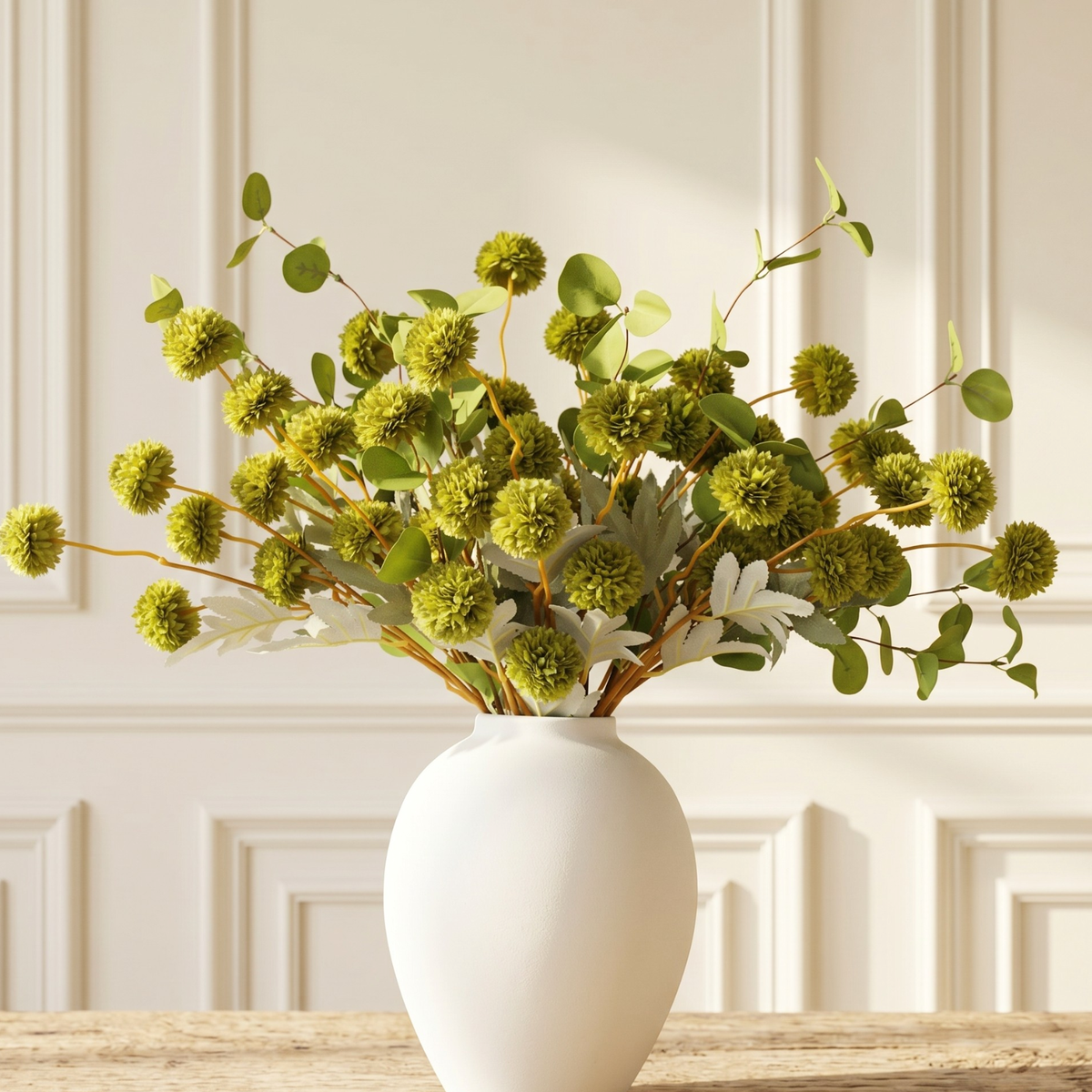 Green Flowers Artificial 10 Long Stems & 2pcs Eucalyptus Branches For Vase, Faux Silk Mum Greenery Arrangement, Realistic Fake Flowers, Green Centerpieces For Tables, Real Touch Floral Stems