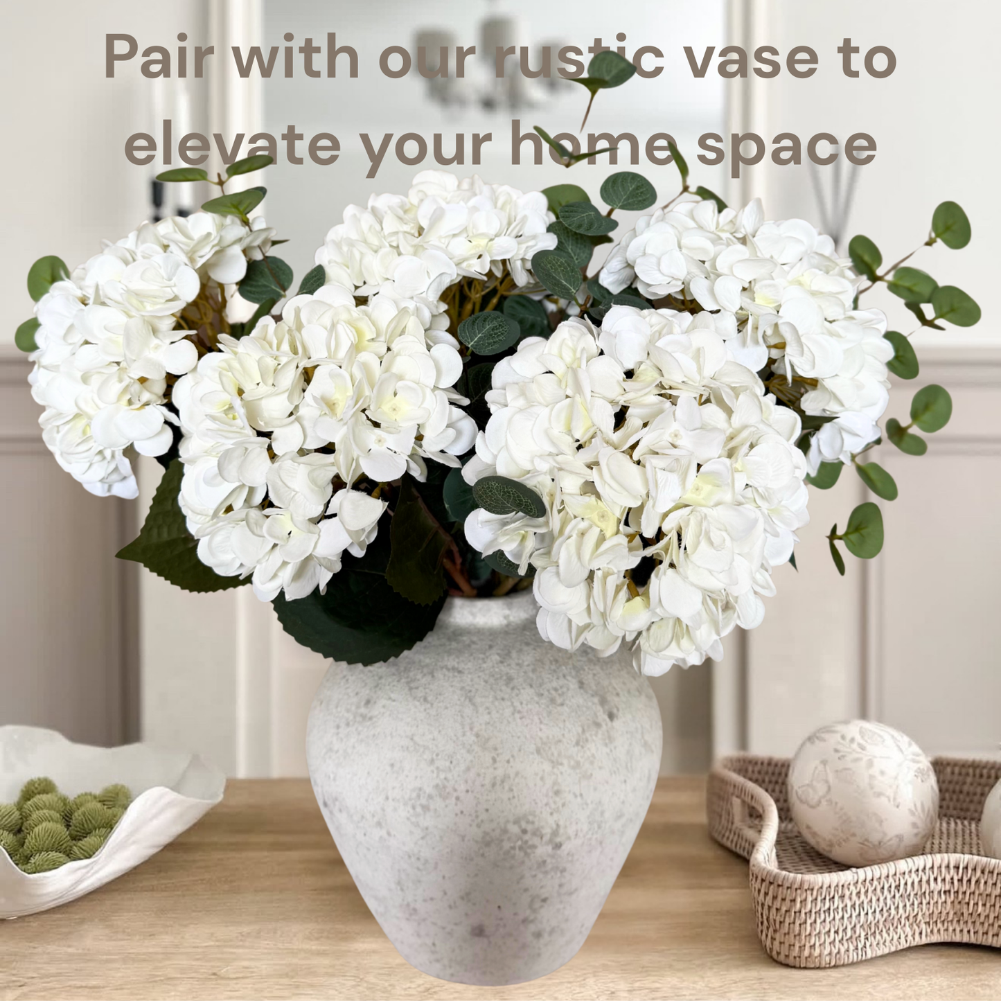 Real Touch White Faux Hydrangea Flowers 5 Heads With Greenery