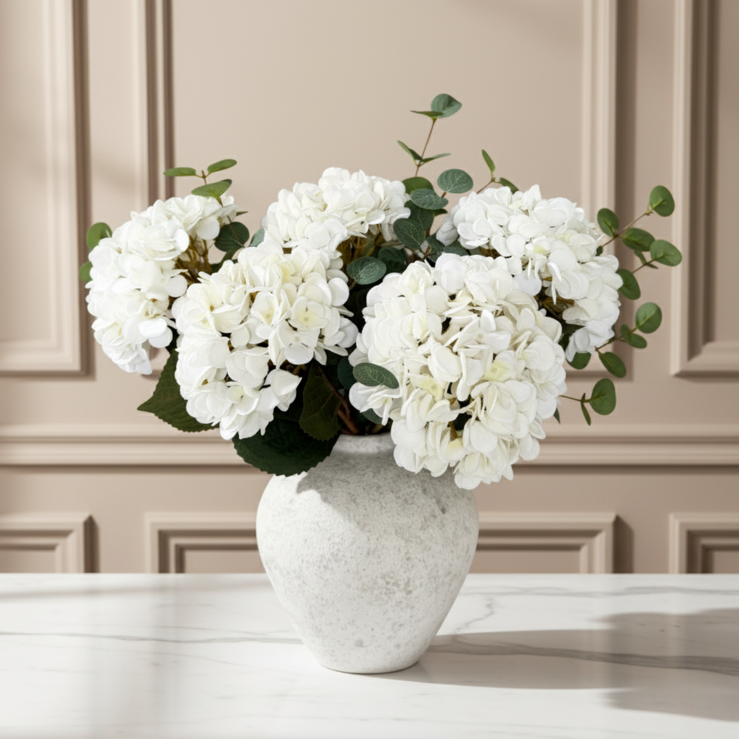 Real Touch White Faux Hydrangea Flowers 5 Heads With Greenery