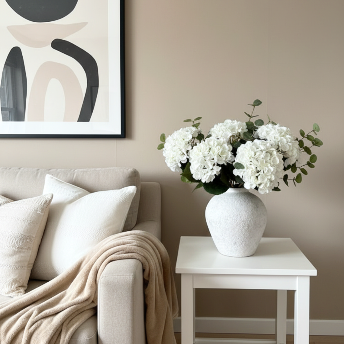 Real Touch White Faux Hydrangea Flowers 5 Heads With Greenery