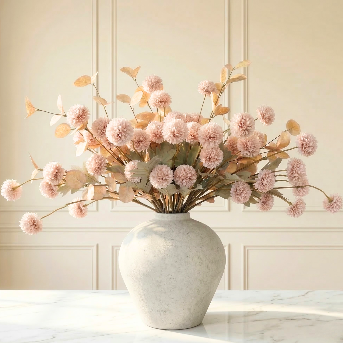 Beige Flowers Artificial + Eucalyptus Stems Silk Mums Stem Flowers Tan Flowers For Decorations Nude Cream Neutral Pom Pom Faux Kiku Flower bulk silk flowers Mini Chrysanthemum Floral Arrangements