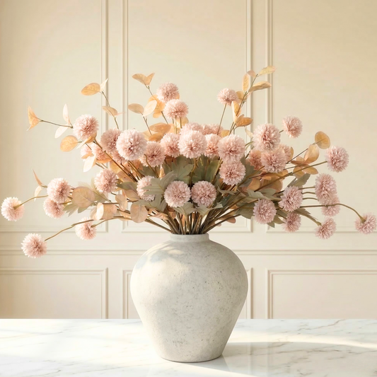 Beige Flowers Artificial + Eucalyptus Stems Silk Mums Stem Flowers Tan Flowers For Decorations Nude Cream Neutral Pom Pom Faux Kiku Flower bulk silk flowers Mini Chrysanthemum Floral Arrangements