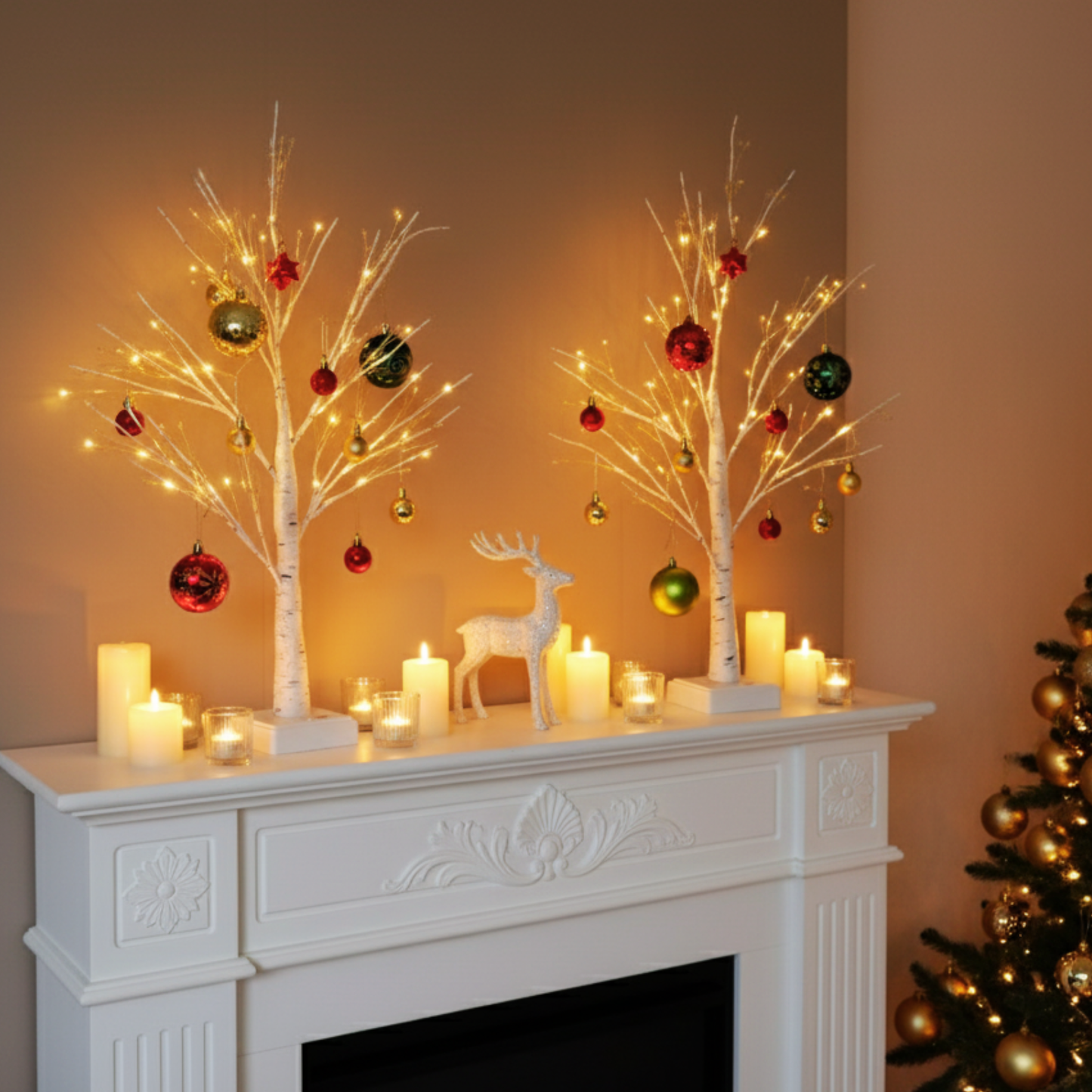 Set of 2 Small Pre Lit Christmas Tree 2ft - Christmas Table Decorations, Mantlepiece, Window Sill Lighting Decor - LED White Twig Tree with Bauble Ornaments