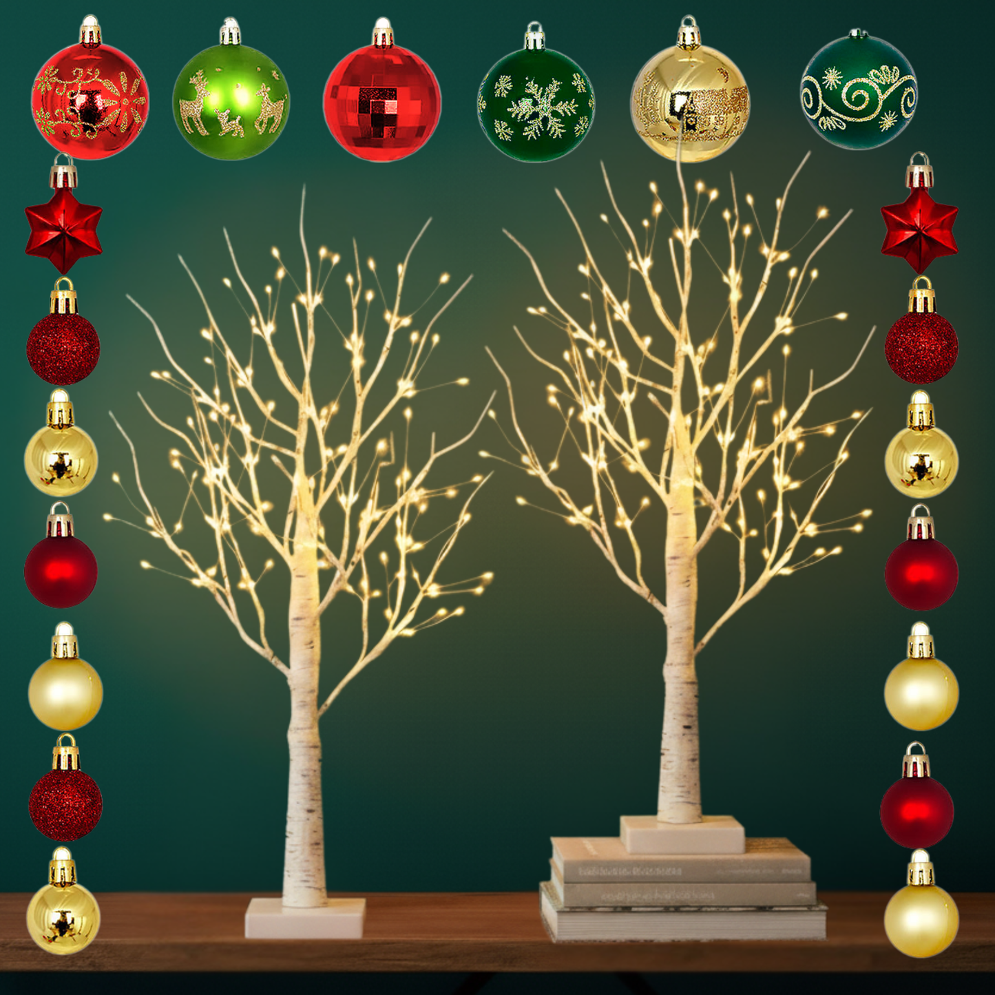 Set of 2 Small Pre Lit Christmas Tree 2ft - Christmas Table Decorations, Mantlepiece, Window Sill Lighting Decor - LED White Twig Tree with Bauble Ornaments