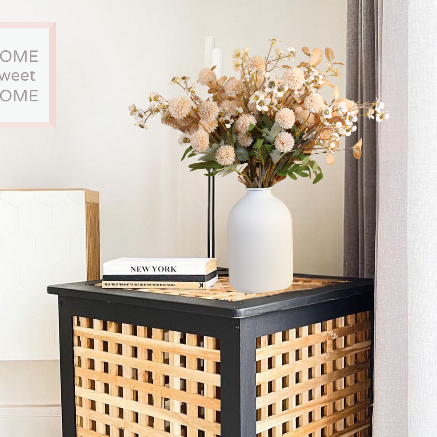 Bulk Silk Flower Arrangements For Home Decor, Fake Mums, Long Stem Artificial Flowers, Real Touch Flowers, Floral Centerpieces For Tables, Kiku + Eucalyptus + Wild Flowers Artificial, Beige Room Decor