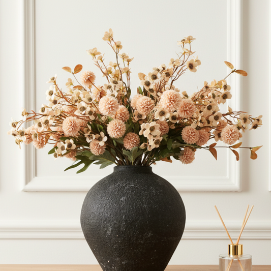 Bulk Silk Flower Arrangements For Home Decor, Fake Mums, Long Stem Artificial Flowers, Real Touch Flowers, Floral Centerpieces For Tables, Kiku + Eucalyptus + Wild Flowers Artificial, Beige Room Decor