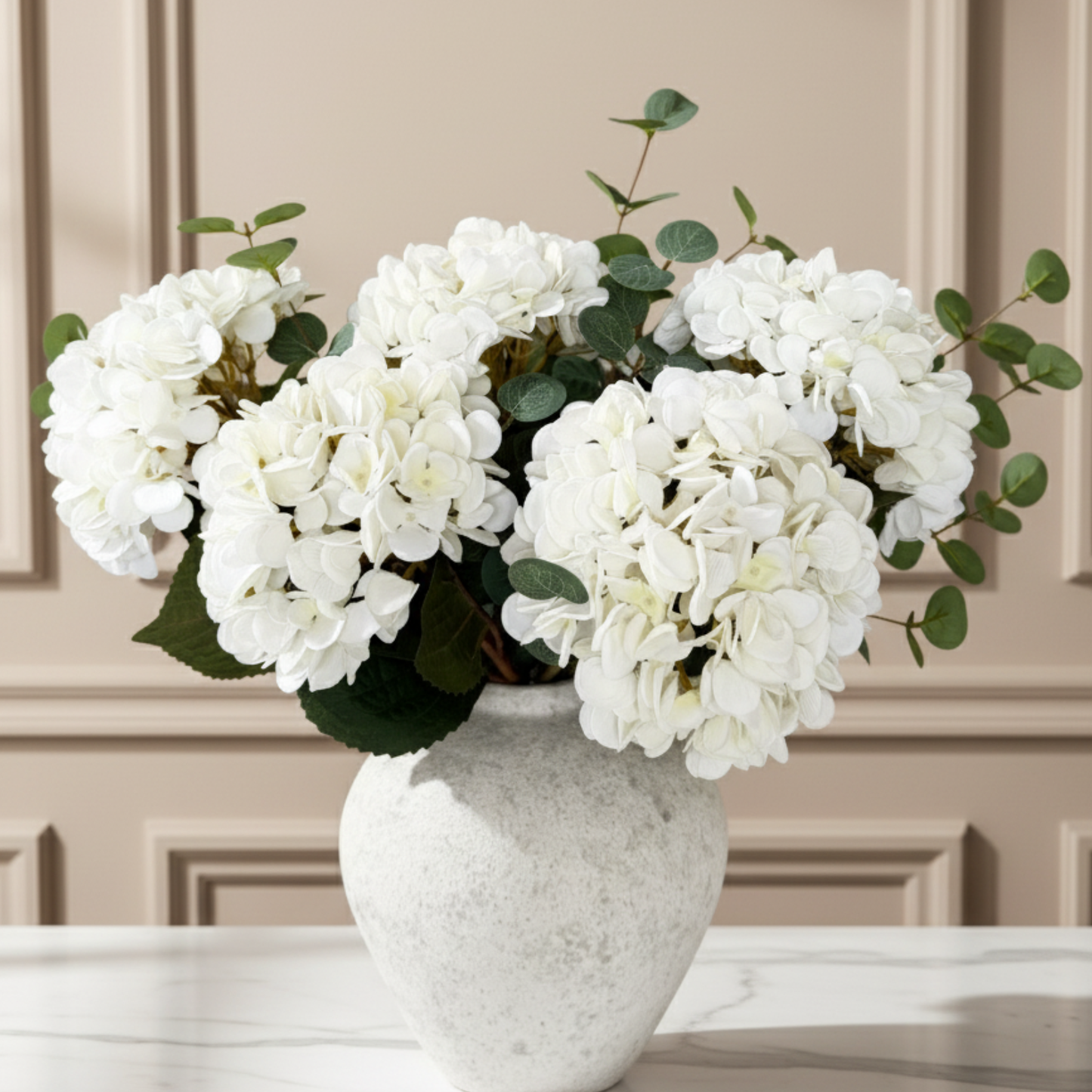 Real Touch White Faux Hydrangea Flowers 5 Heads With Greenery