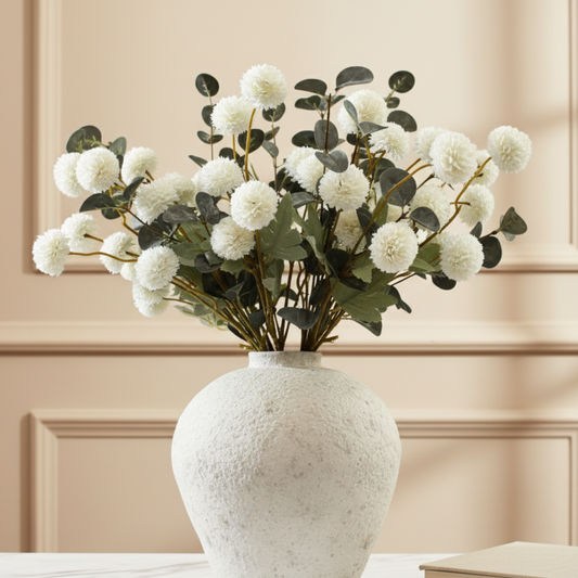 White Faux Flowers for Vase - Kiku 10 Stems & Eucalyptus, Fake Flowers Stems for Pottery Vase, Realistic Artificial Flowers, Pom Pom Balls for Aesthetic Farmhouse Barn Room Decor