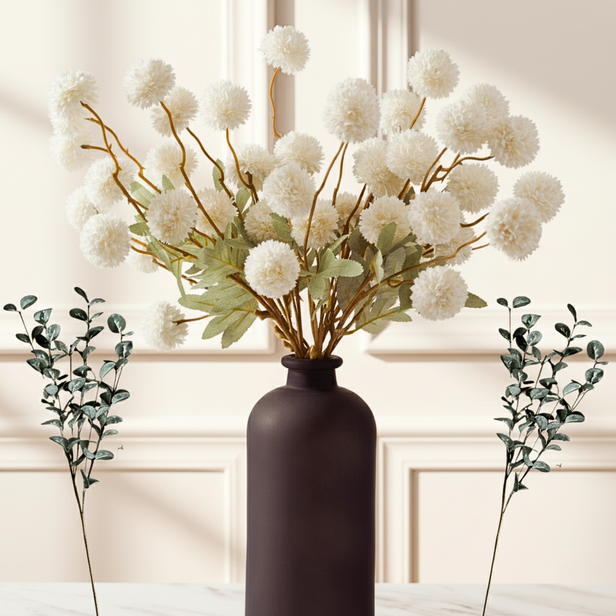 White Faux Flowers for Vase - Kiku 10 Stems & Eucalyptus, Fake Flowers Stems for Pottery Vase, Realistic Artificial Flowers, Pom Pom Balls for Aesthetic Farmhouse Barn Room Decor